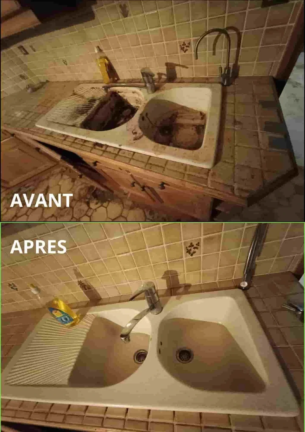Évier de cuisine avant et après nettoyage